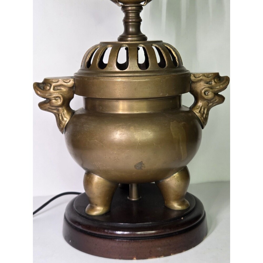 Vintage Chinese Brass Incense Censer Table Lamp Foo Dog Dragon ShiShi Finial